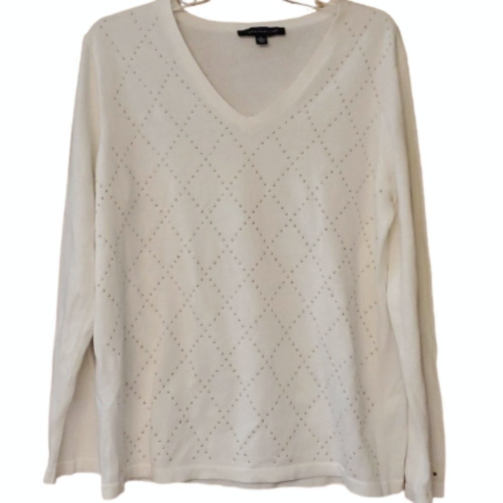 Tommy Hilfiger‎ Womans Studded Diamond Cream Sweater in Size XL